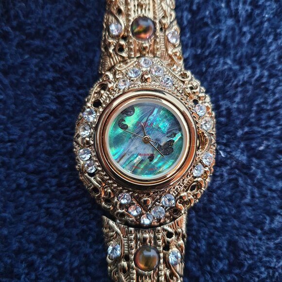 Vintage Jeweled Abalone Rhinestone & Tiger Eye Gold-Plated Japan Quartz Watch - Picture 5 of 16